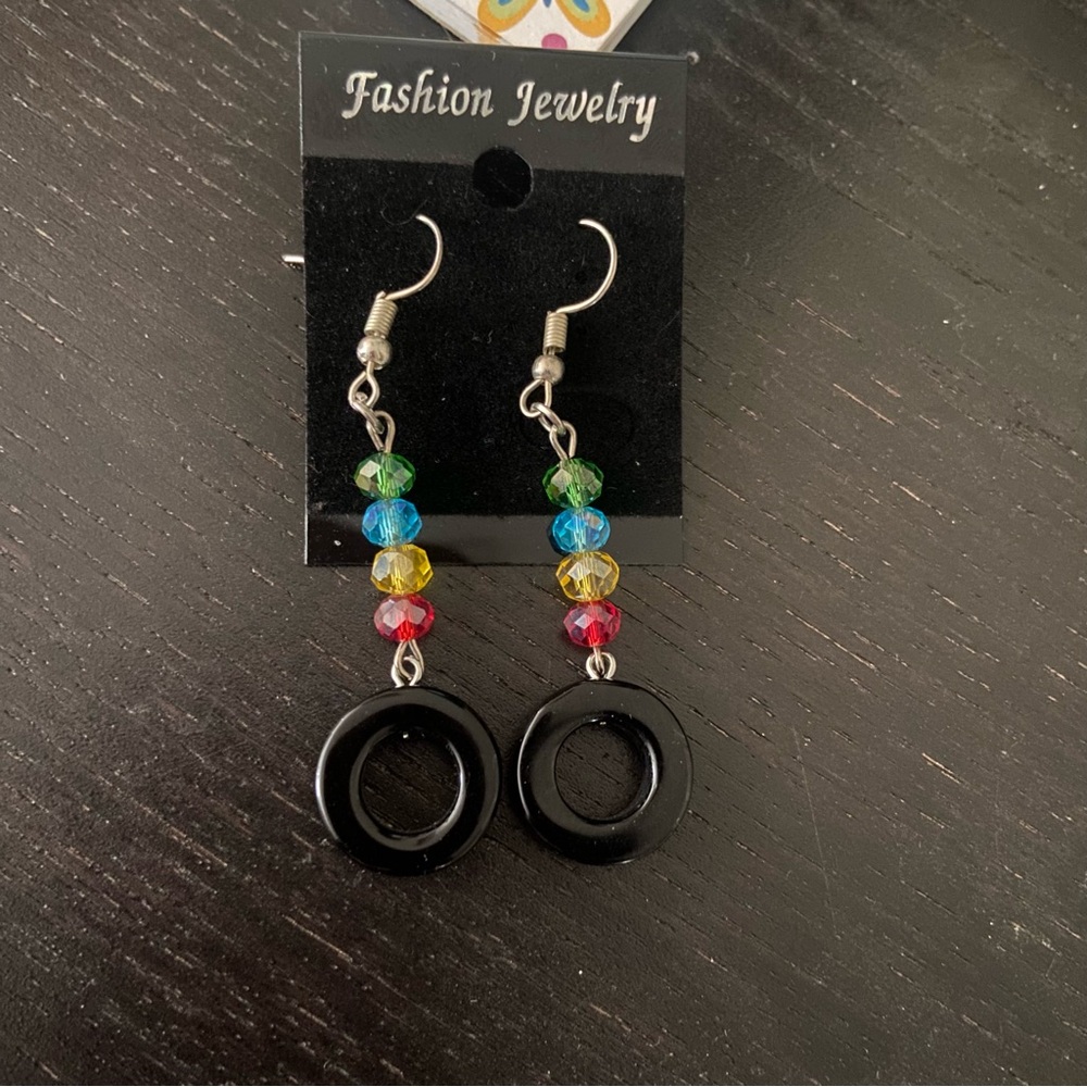 Beaded earrings w black agate round stone dangle colorful + stone Gift
